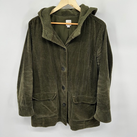 J Jill Jackets & Blazers - J Jill Heritage Tumbled Corduroy Hooded Coat‎ Olive Green Size L